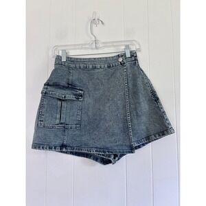 Flying Tomato Acid Wash Denim Cargo Skort Blue High Waist Wrap Front New